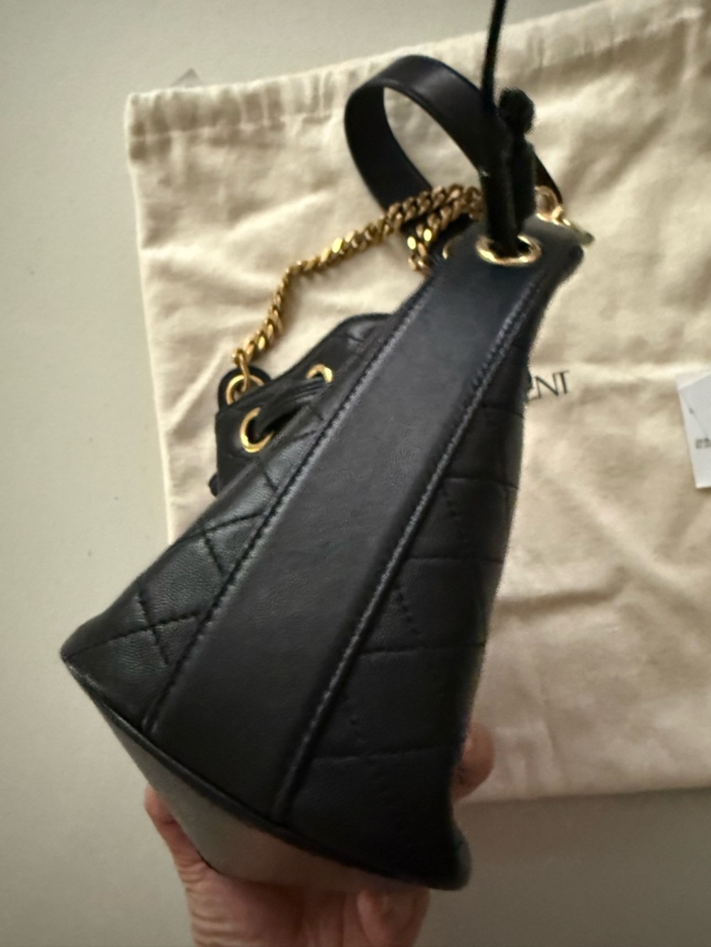 Saint Laurent Black Quilted Leather Drawstring Shoulder Bag with Gold Hardware - Picture 6 of 7